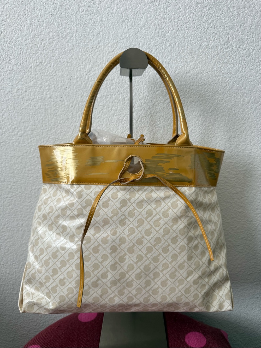 Gherardini Cream Beige Monogram Tote Bag Gold Trim Made in Italy